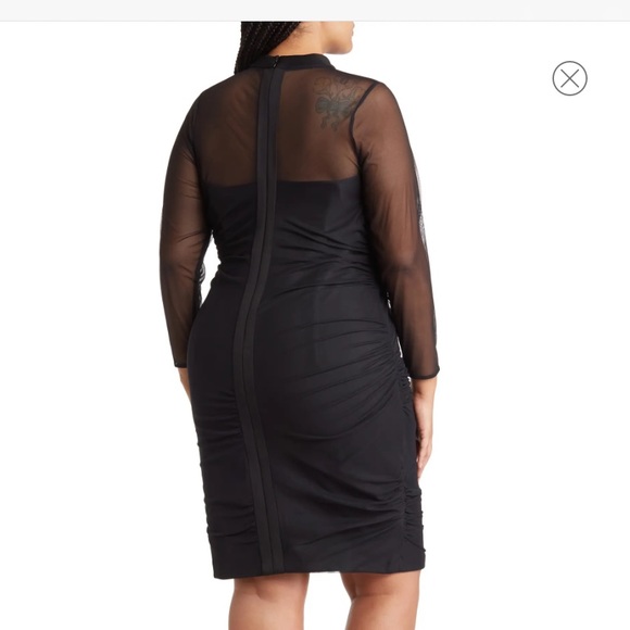 CALVIN KLEIN Ruched Long Sleeve Mesh Sheath Dress - Picture 2 of 3